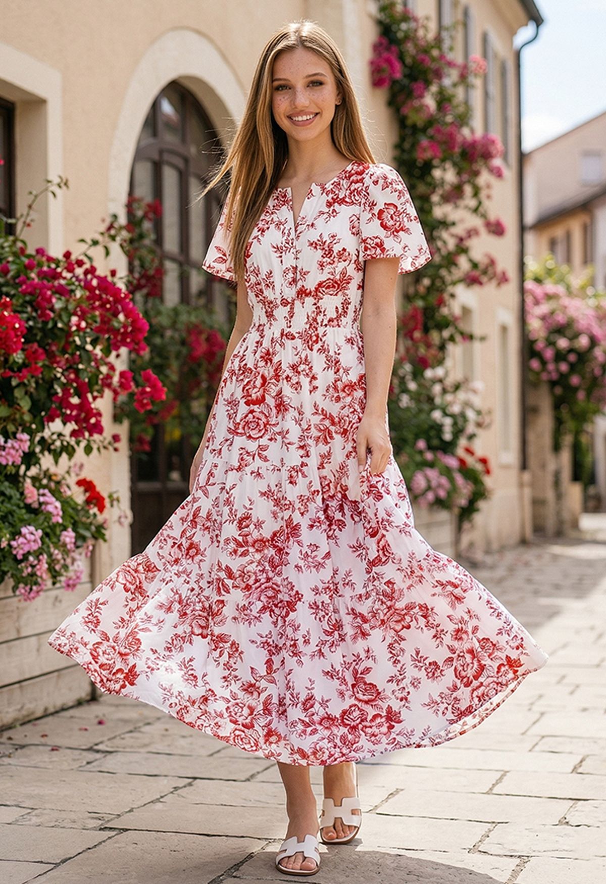 Ebullient Red Flower Printed Maxi Dress for Vacation Dinners & Garden Parties