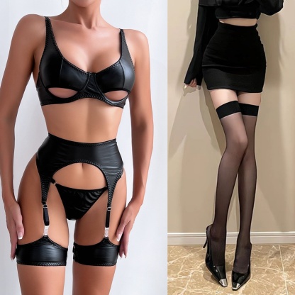Hollowed-out patent leather lingerie set