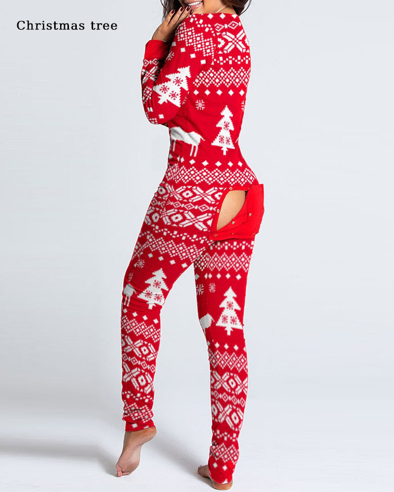 Button Flap Adult Pajamas Christmas Long Sleeve Home Clothes Jumpsuit