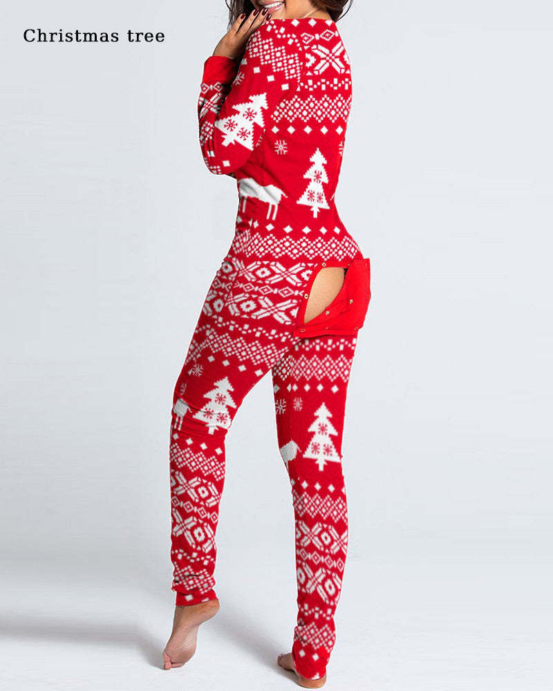 Button Flap Adult Pajamas Christmas Long Sleeve Home Clothes Jumpsuit