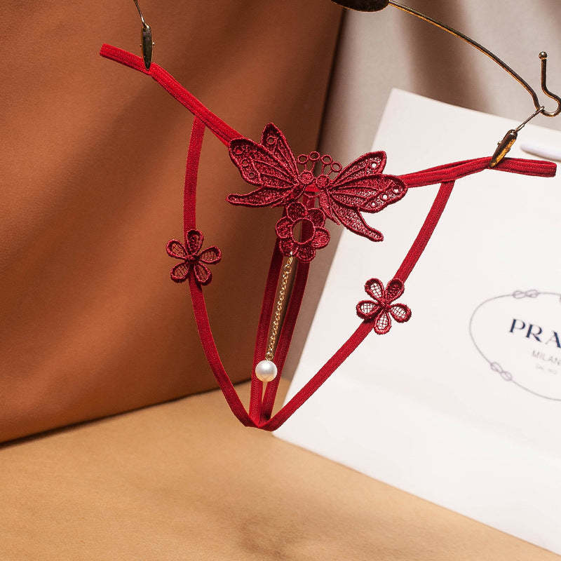 Sexy pearl open crotch transparent t-pants