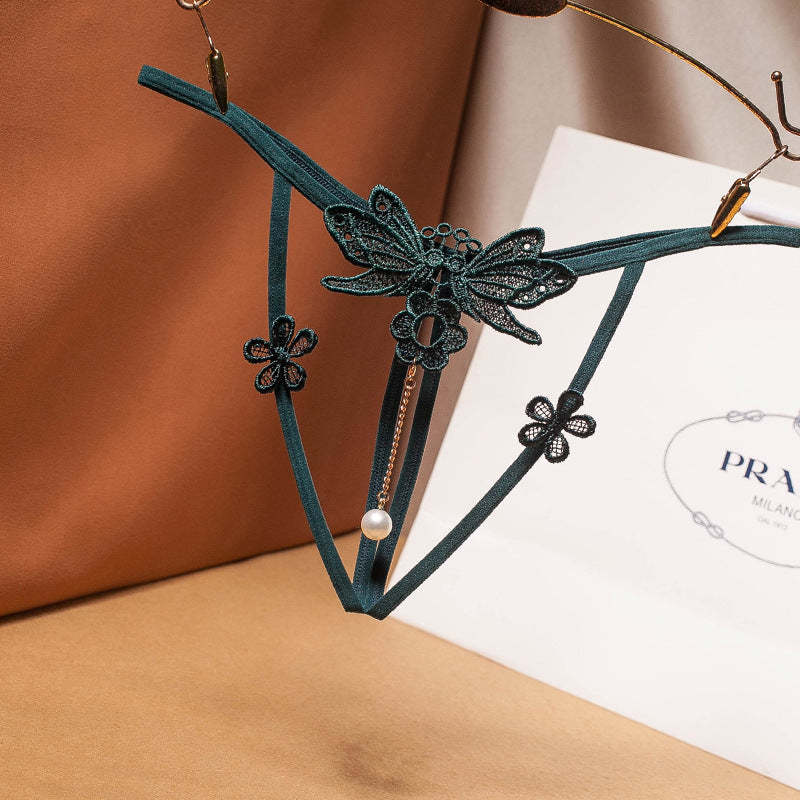 Sexy pearl open crotch transparent t-pants