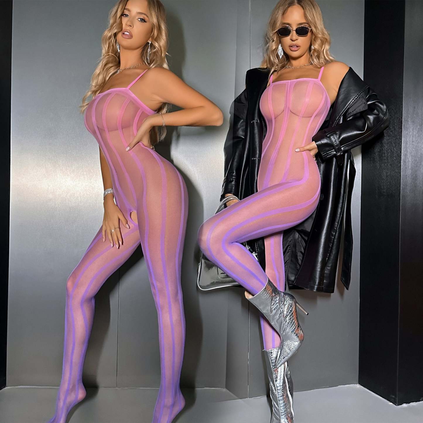 Open crotch high elastic semi-transparent gradient color jumpsuit