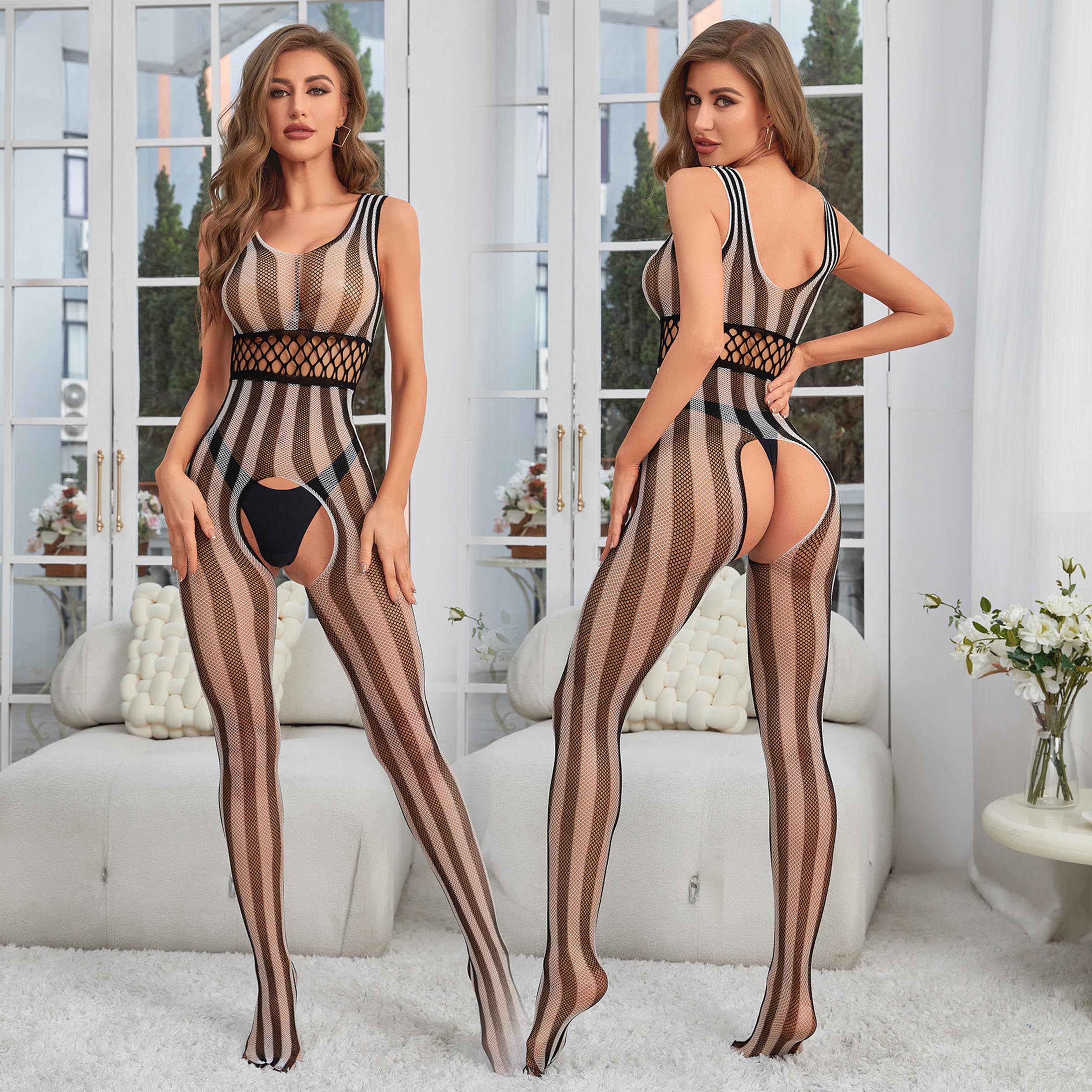 Black and white zebra pattern sexy fishnet body stockings