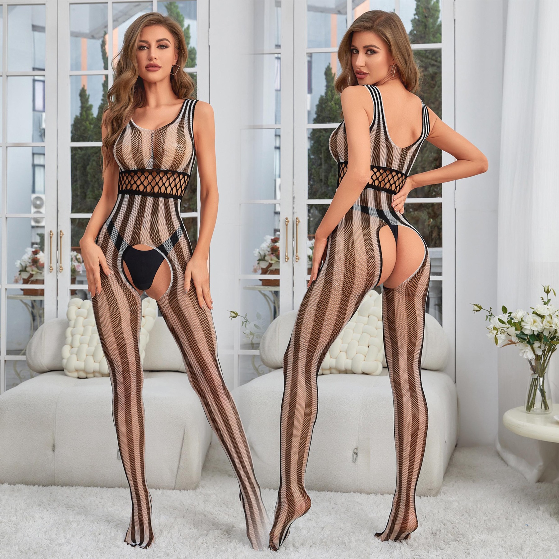 Black and white zebra pattern sexy fishnet body stockings