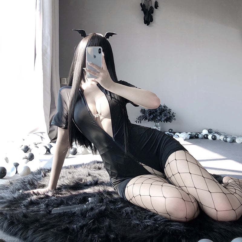 Double zipper short sleeve open crotch free sexy jumpsuit