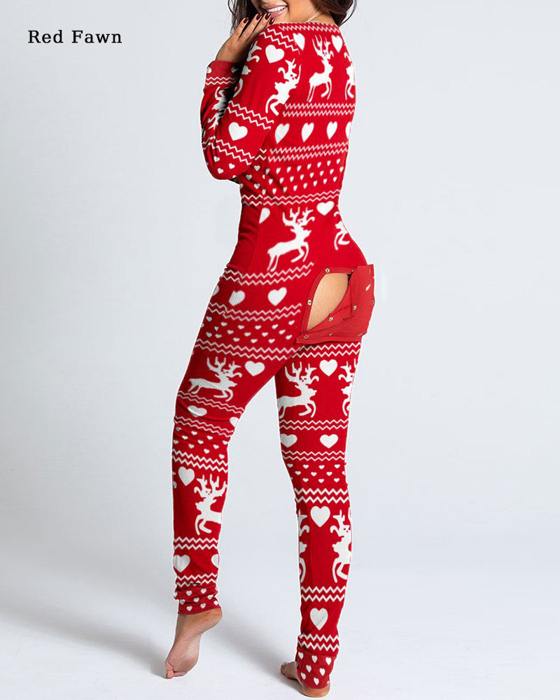 Button Flap Adult Pajamas Christmas Long Sleeve Home Clothes Jumpsuit