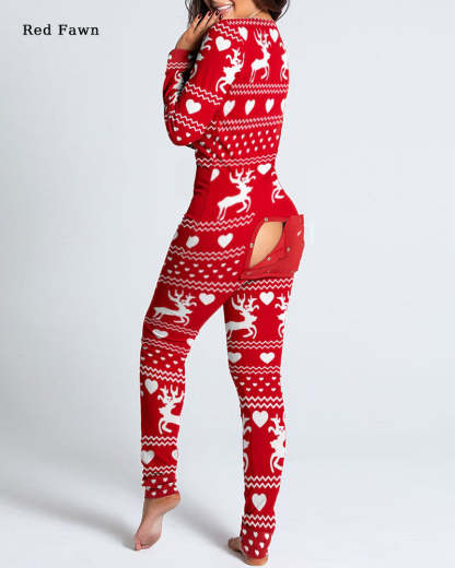 Button Flap Adult Pajamas Christmas Long Sleeve Home Clothes Jumpsuit