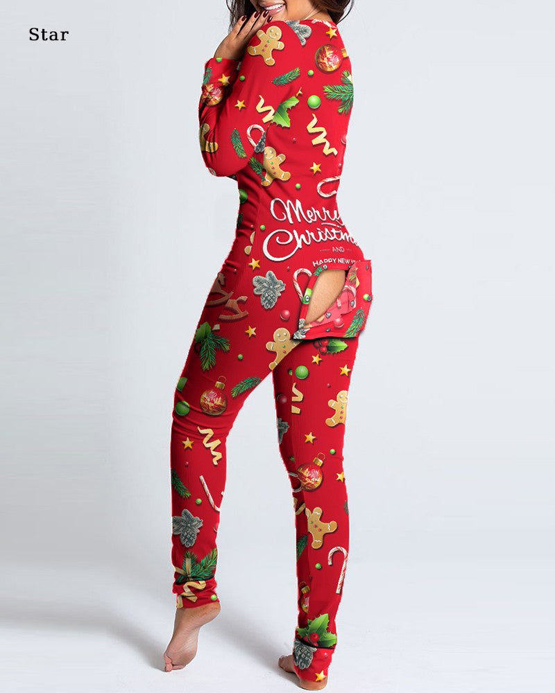 Button Flap Adult Pajamas Christmas Long Sleeve Home Clothes Jumpsuit