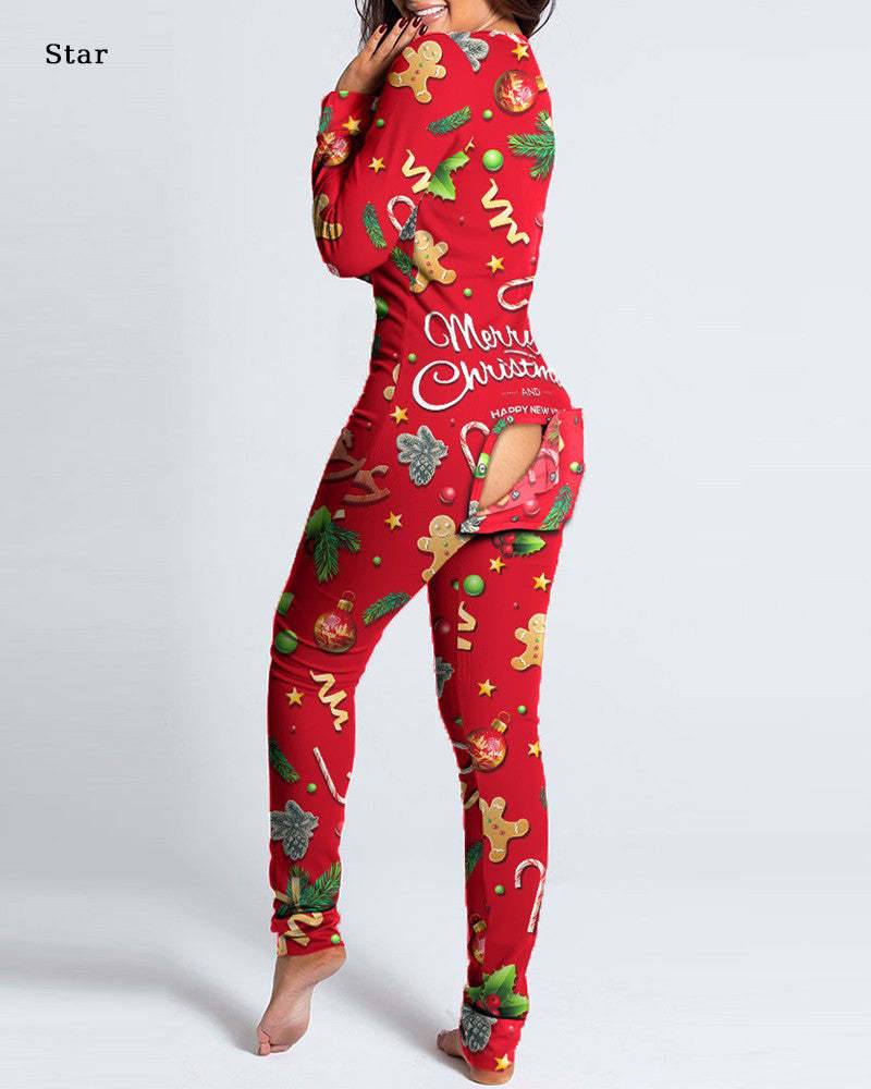 Button Flap Adult Pajamas Christmas Long Sleeve Home Clothes Jumpsuit