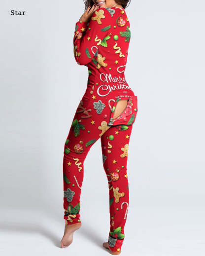 Button Flap Adult Pajamas Christmas Long Sleeve Home Clothes Jumpsuit