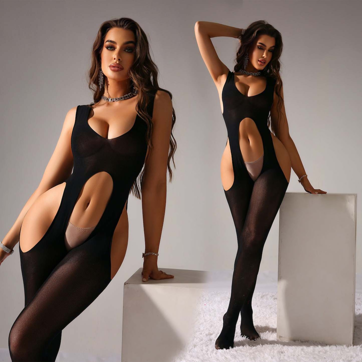 Transparent Temptation Hollow Sleeveless High Elastic Bodysuit