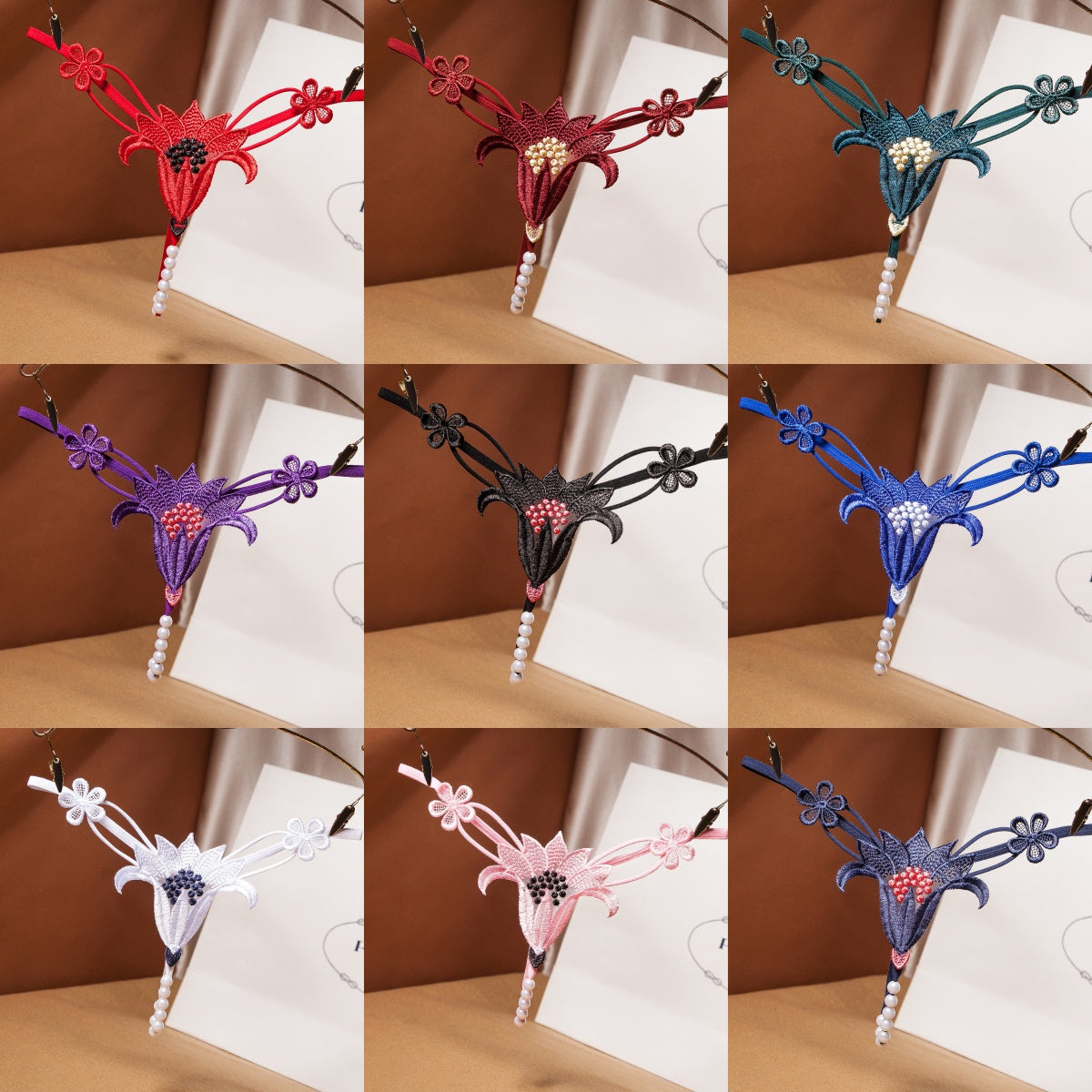 Embroidered Floral Pearl Massage Thong