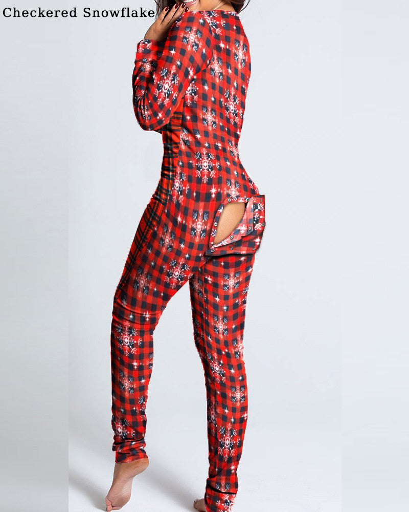 Button Flap Adult Pajamas Christmas Long Sleeve Home Clothes Jumpsuit