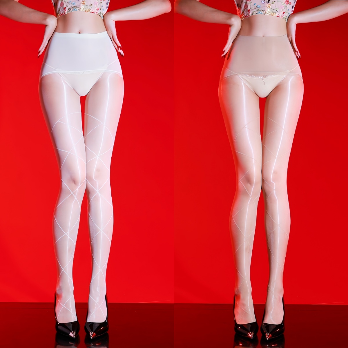 Aurora diamond pattern open crotch pantyhose