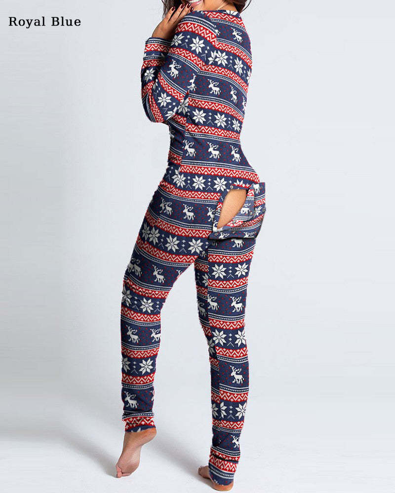 Button Flap Adult Pajamas Christmas Long Sleeve Home Clothes Jumpsuit