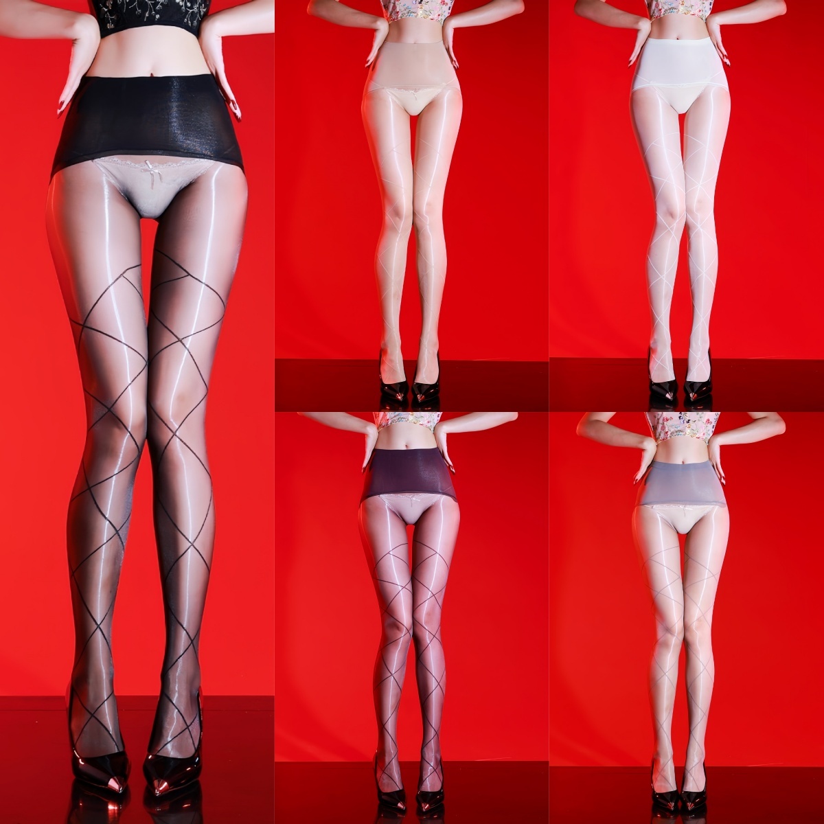 Aurora diamond pattern open crotch pantyhose