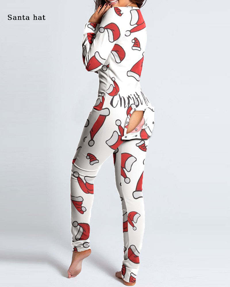 Button Flap Adult Pajamas Christmas Long Sleeve Home Clothes Jumpsuit