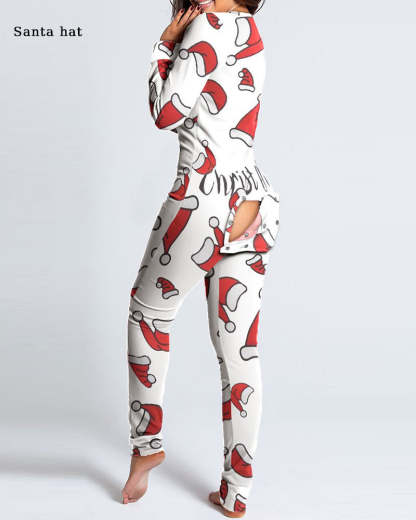 Button Flap Adult Pajamas Christmas Long Sleeve Home Clothes Jumpsuit