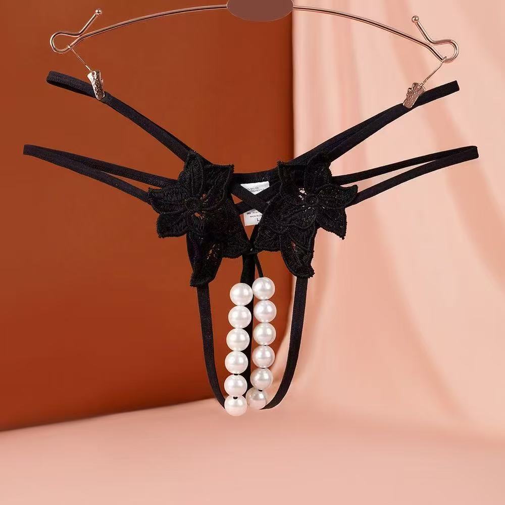 Oversized pearl detail crotchless thong