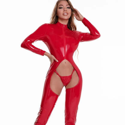 Shiny leather open-crotch bodysuit