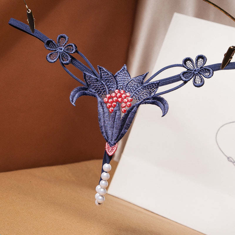 Embroidered Floral Pearl Massage Thong