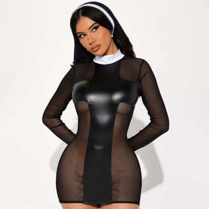 White collar see-through mesh stitching leather tight dress