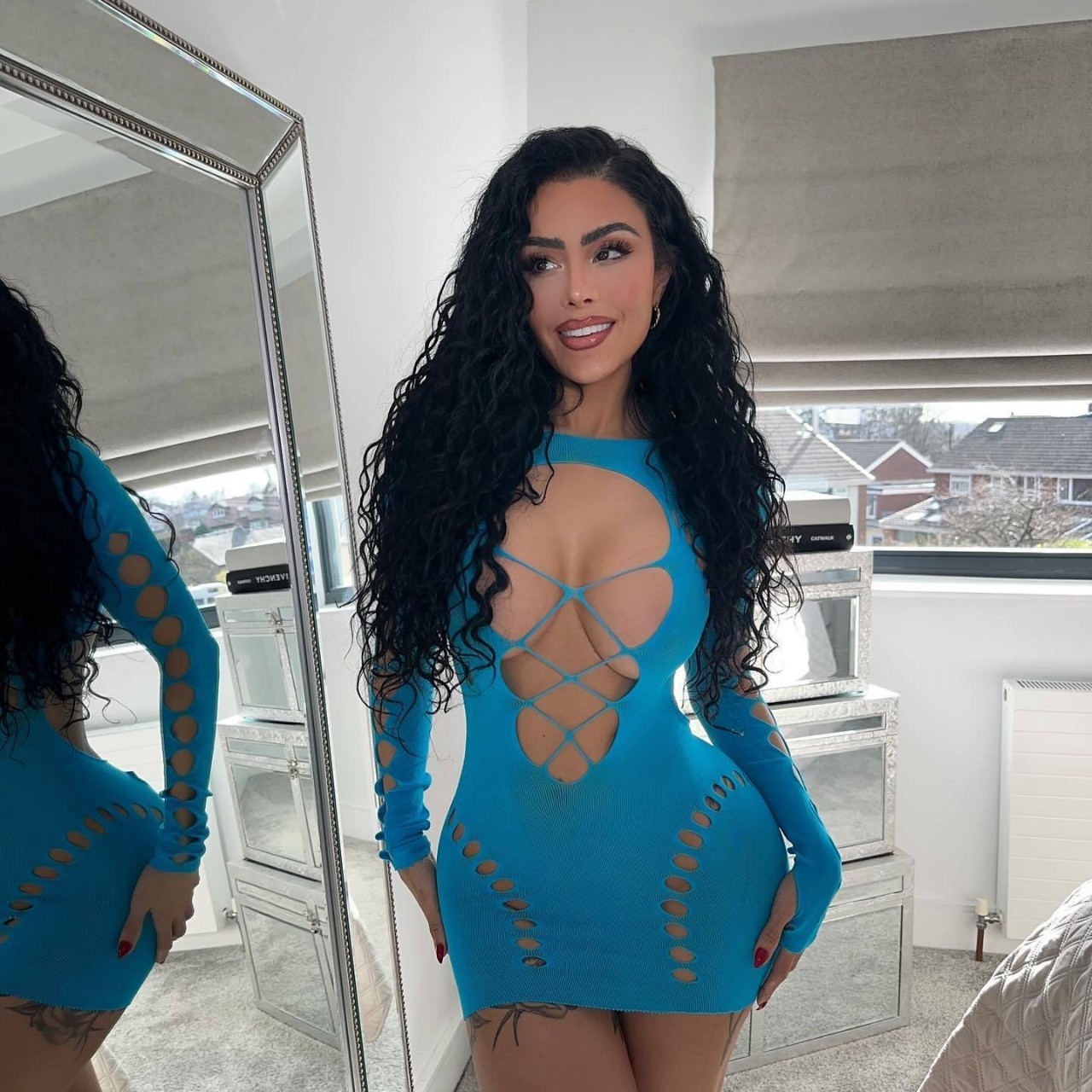  Fishnet Cutout Long-Sleeve Bodycon Skirt 