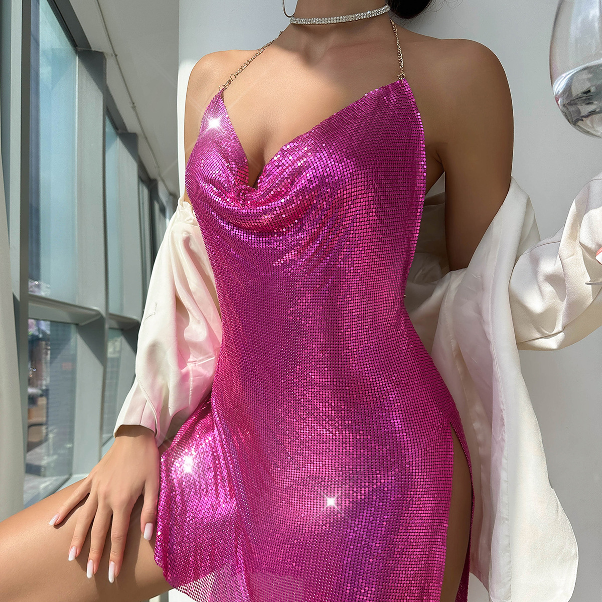 Metallic Sequin Halter V-Neck Backless Slit Dress 