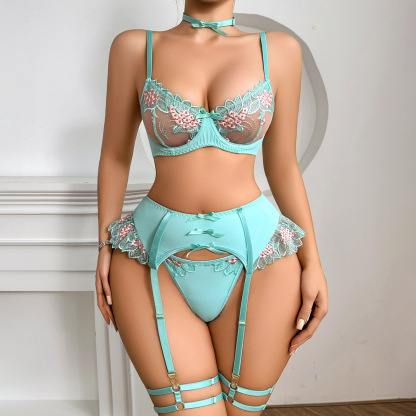 Floral Embroidered Underwire Lingerie Set 