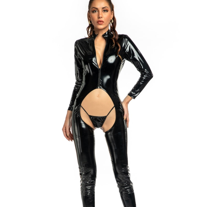 Shiny leather open-crotch bodysuit