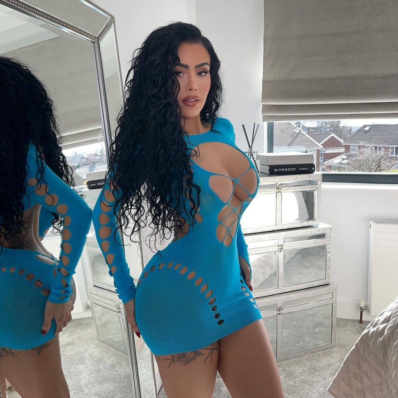 Fishnet Cutout Long-Sleeve Bodycon Skirt