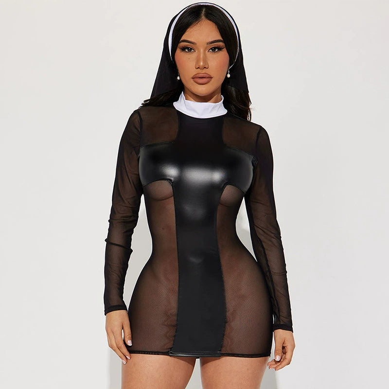 White collar see-through mesh stitching leather tight dress