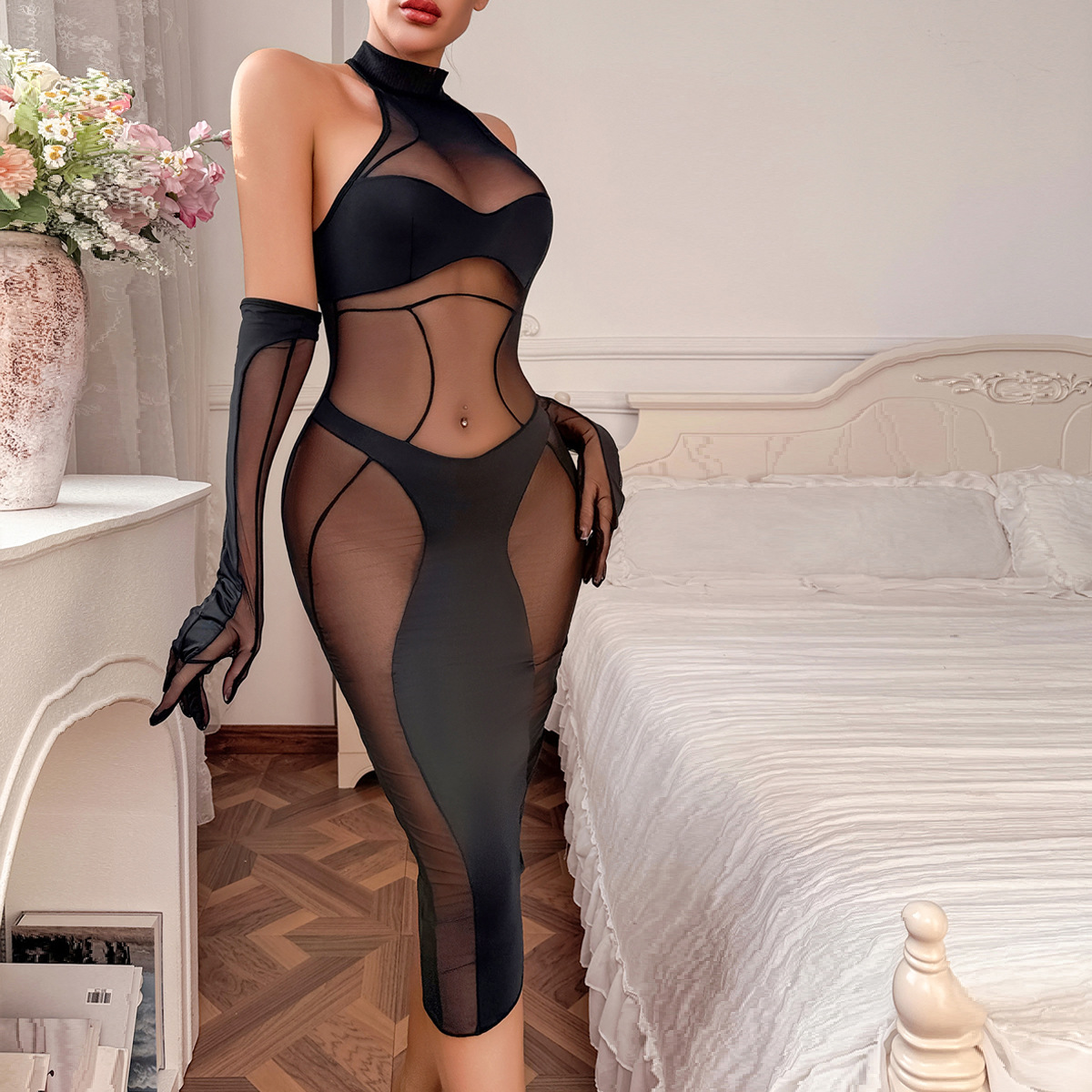 Sheer Mesh Splice Shapewear Three-Piece Set 