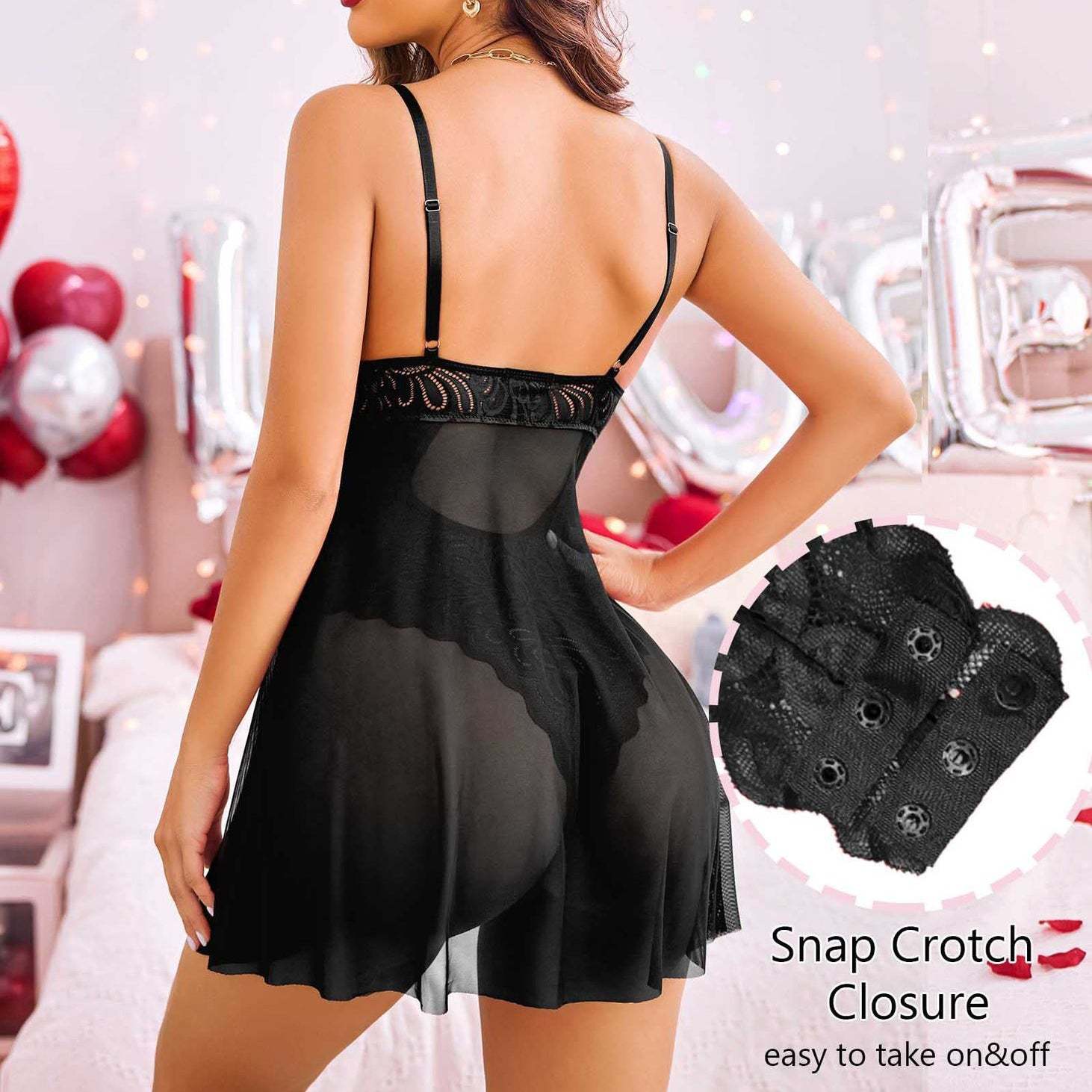Sexy suspender see-through hollow one-piece dress