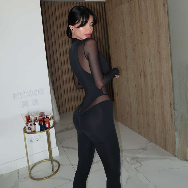 Sheer Mesh Cutout High-Neck Long-Sleeve Bodysuit