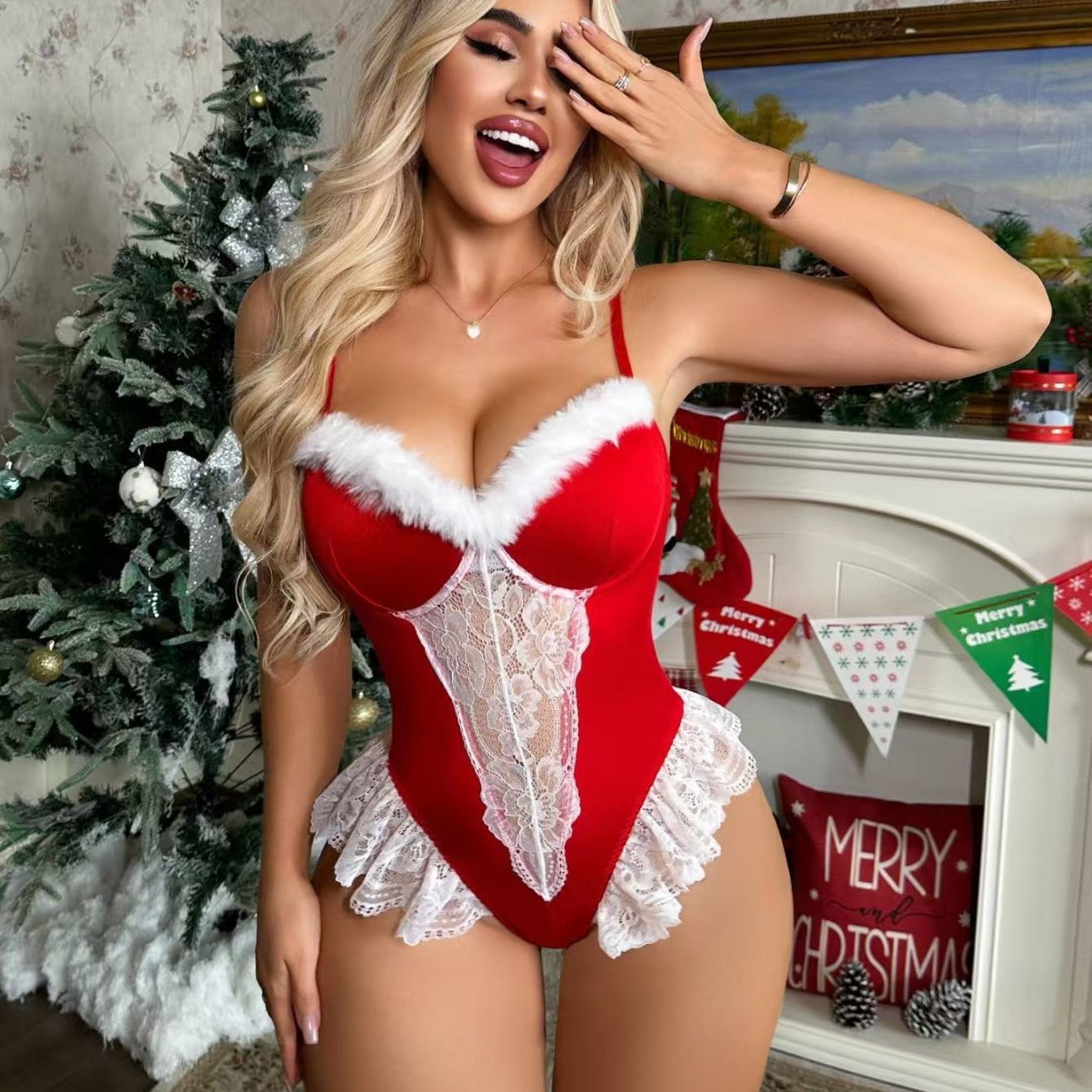Christmas lace patchwork bodysuit set