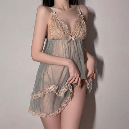 Mesh lace deep V padded suspender nightdress