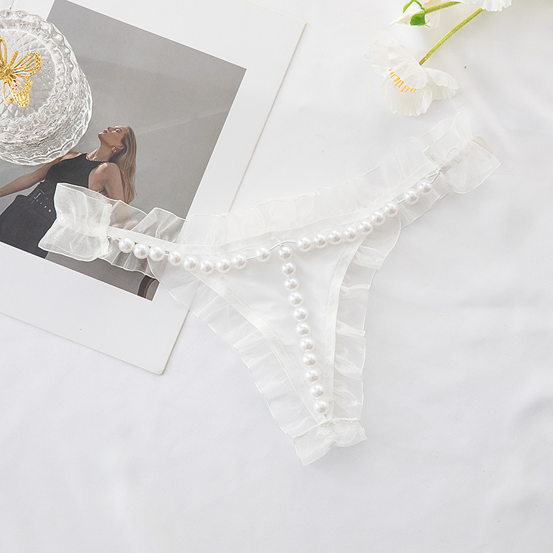 Lace and pearl thong, embellished with pearls