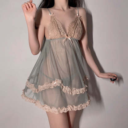 Mesh lace deep V padded suspender nightdress