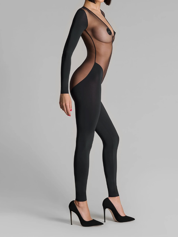 Sheer mesh backless long-sleeved shaping bodysuit