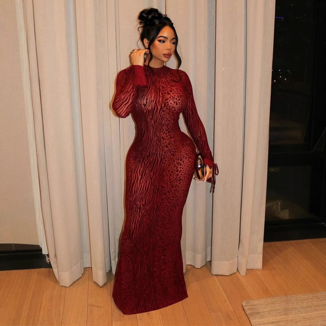 Sexy Backless Leopard Mesh Long Fishtail Dress