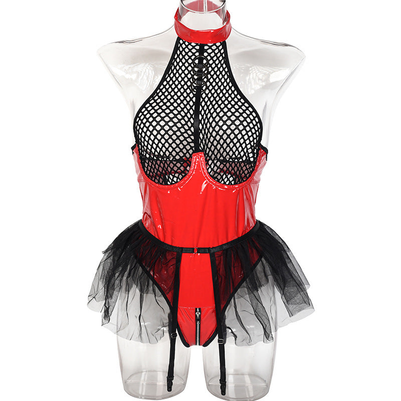 High-grade sexy lace black silk pajamas set