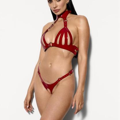 Leather cutout corset and panty set