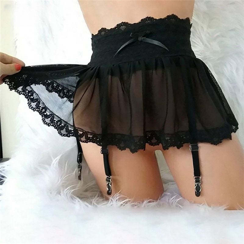 Lace suspender mini skirt