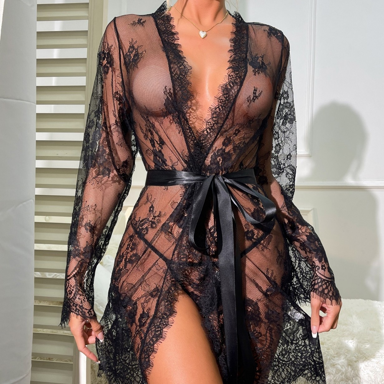 Sheer Mesh Lace Trim Sexy Lingerie Nightdress