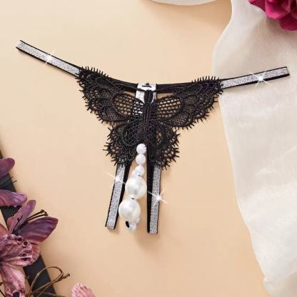 Oversized pearl detail crotchless thong