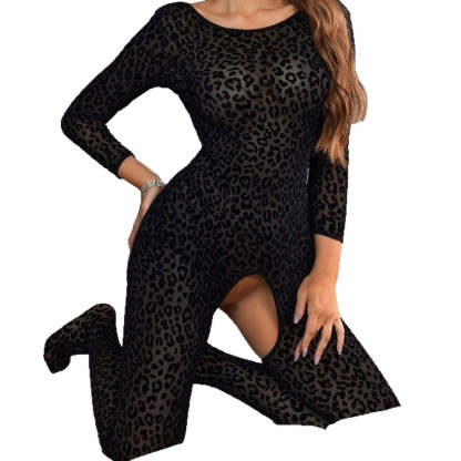 Slim-fitting long-sleeved sexy open-crotch leopard print bodysuit