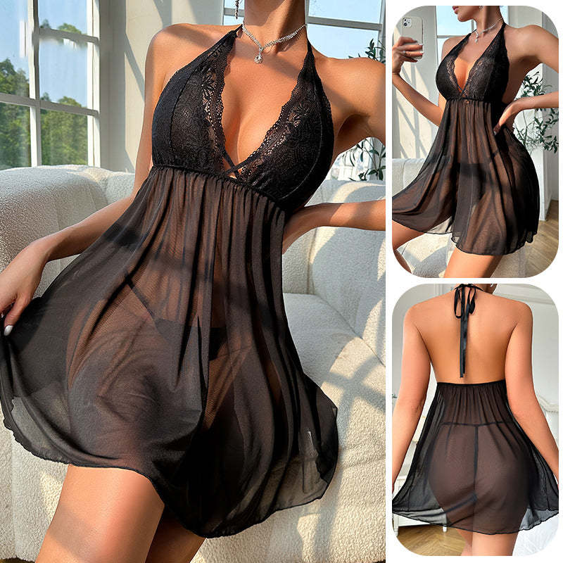 Comfortable solid color mesh see-through temptation backless suspender