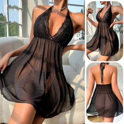 Comfortable solid color mesh see-through temptation backless suspender skirt